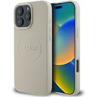 GUESS GUHMP16XPGHSMME iPhone 16 Pro Max beżowy/bleige MagSafe PU Grained Gold Ring (Apple iPhone 16 Pro Max), Coque pour téléphone portable, Or, Beige