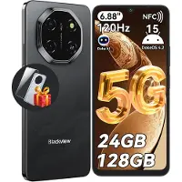 Blackview 5G Téléphone Portable Débloqué SHARK 6 24Go+128Go/2To 6.67" 50MP+13MP 5000mAh Android 15 Smartphone,Dual SIM,GPS - Noir