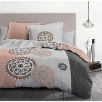 HOME LINGE PASSION Parure De Couette 100% Coton Gris Et Rose Poudré
