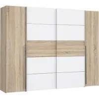 Die Möbelfundgrube Armoire NARAGO - Décor Chene Sonoma et blanc mat - 2 portes coulissantes + 2 portes battantes - L270 x P61 x H210 cm