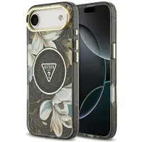 GUESS Case Magsafe IML Case Glitter Flowers And Triangle With Metal Camera Frame And Buttons For iPh (Apple iPhone 17 Pro), Coque pour téléphone portable, Noir