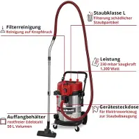 Einhell Aspirateur eau et poussières – 50 L – 230 mbar – 1 300 W – Filtre HEPA – Classe L – Cuve inox