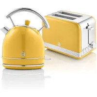 Swan STP7050YELNEU Set Retro Petit déjeuner, Bouilloire 1,8L sans fil, 2 Grille-pain à fentes larges, Jaune Vintage