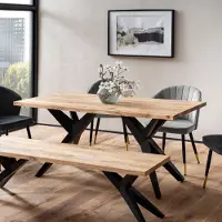FineBuy Table à manger 180 cm en bois massif d'acacia avec piètement métallique design noir - Table de salle à manger style loft industriel - Table en bois pour 6 à 8 personnes