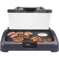 Beper 90.871 Gril électrique avec couvercle en verre | plaque de gril revêtue, acier inoxydable, 2200 W, BBQ, 5 niveaux de température, steak, gril électrique, E-Grill