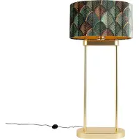QAZQA Lampadaire en laiton avec abat-jour ovale à motif de feuilles et intérieur doré 35cm - Thijmen