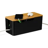 Relaxdays Boîtier de rangement pour 2 multiprises , couvercle en bambou, plastique, dimensions : 13 x 31 x 14 cm, pour dissimuler les câbles, noir/naturel