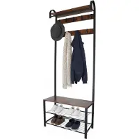 Relaxdays Console , banc à chaussures avec 2 étagères, 9 crochets, porte-chapeaux, porte-manteaux L 182 x l 69 x H 30 cm, noir/marron