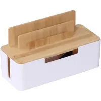 Relaxdays Boîtier de rangement pour câbles , pour 2 multiprises, plastique et bambou, H x l x P : 16 x 30 x 13 cm, support pour tablette et téléphone portable, naturel/blanc