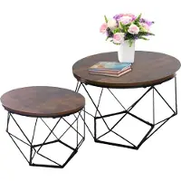 Relaxdays Table basse , lot de 2, aspect bois et métal, style industriel, tables d'appoint rondes, salon, marron/noir