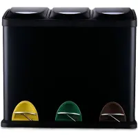 Relaxdays Poubelle , 3 compartiments, 24 L, pédale, seau intérieur, trieur de déchets de cuisine, D x L x H : 39,5 x 46 x 26,5 cm, fer, noir