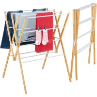 Relaxdays Séchoir à linge , pliable, 12 barres, H x l x P : 93 x 70 x 62 cm, bambou, métal, séchoir à linge en forme de tour, naturel/blanc
