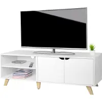 Relaxdays Meuble TV bas , 6 compartiments, meuble TV jusqu'à 60 pouces, L x P x H : 50 x 140 x 40 cm, meuble TV avec passage de câbles, blanc