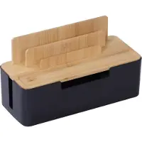 Relaxdays Boîtier de rangement pour câbles , pour 2 multiprises, plastique, bambou, dimensions : 16 x 30 x 13 cm, support pour tablette et téléphone portable, naturel/noir