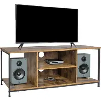 Relaxdays Meuble TV bas , 4 compartiments ouverts, support TV jusqu'à 55 pouces, passage pour câbles, style industriel, meuble TV, marron/noir