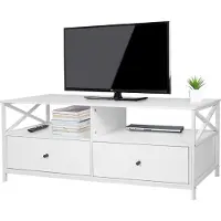 Relaxdays Meuble TV bas , 2 étagères et 2 tiroirs, meuble TV pour écrans jusqu'à 55 pouces, L x P x H : 50 x 120 x 40 cm, meuble TV, blanc