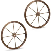 Relaxdays Roue de charrette en bois, lot de 2, décoration pour jardin, terrasse, véranda, roue à rayons rustique, saloon, western, marron