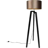 QAZQA Lampadaire trépied noir avec abat-jour marron et intérieur doré 50cm - Puros