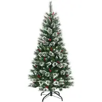 Costway Sapin de Noël artificiel 180cm avec baies rouges, sapin recouvert de neige avec support métallique, sapin de Noël avec aiguilles en PVC, sapin artificiel de Noël