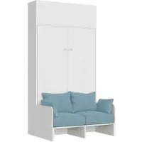 Itamoby Lit Queen-Size Escamotable Kentaro 120 Cm Avec Canapé Et Élément Mural En Frêne Blanc, Bleu Clair