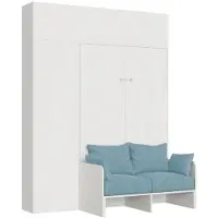 Itamoby Lit Double Escamotable Français Kentaro 140 Cm Avec Canapé Et Meubles En Frêne Blanc, Bleu Clair