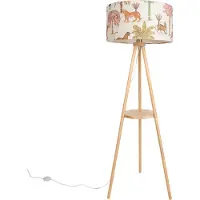 QAZQA Lampadaire trépied en bois avec abat-jour imprimé multicolore animaux 50cm - Lou