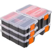 Relaxdays Boîte de rangement , lot de 4, 3 tailles, 49 compartiments, plastique, rangement de petits objets, boîte de rangement, noir/orange