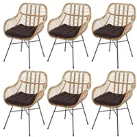 Mendler lot de 6 chaises de salle à manger HWC-P17, chaise de cuisine en osier chaise en rotin chaise en rotin, rotin métallique Kubu ~ rembourrage brun