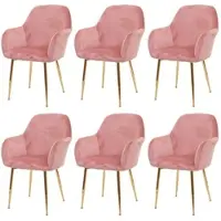 Mendler Lot de 6 chaises de salle à manger HWC-F18, chaise de cuisine, design rétro velours vieux rose, pieds dorés