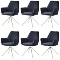 Mendler Lot de 6 chaises de salle à manger HWC-G67, chaise de cuisine Accoudoir, pivotant Auto-Position, velours anthracite-bleu, inox