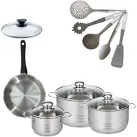 Fackelmann Batterie de cuisine avec 3 faitouts 16/20/24 cm et 1 poêle 20 cm avec 6 ustensiles de cuisine Généva Brillant Vario avec couvercles