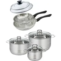 Fackelmann Batterie de cuisine avec 2 poêles 20/24 cm et 3 faitouts 16/20/24 cm sans PFAS Généva Brillant avec couvercles