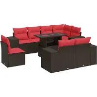 vidaXL Ensemble de salon de jardin 9 pièces avec coussins Marron Poly rotin Acacia