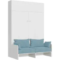 Itamoby Lit Double Escamotable Kentaro 160 Cm Avec Canapé Et Élément Mural En Frêne Blanc, Bleu Clair