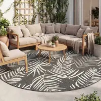 FRAAI Tapis d'extérieur rond | Malta Leaves Noir | Ø 200cm | Noir | Rond | Tapis d'extérieur