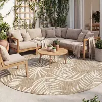 FRAAI Tapis d'extérieur rond | Malta Leaves Naturel | Ø 120cm | Crème | Rond | Tapis d'extérieur