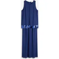 O46BPX (MB1) Robe longue pour femme en georgette fine à sequins, robe de soirée sans manches 975925 Bleu foncé