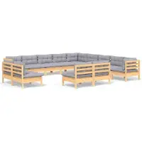 Syfax Salon de jardin 13 pcs avec coussins gris bois de pin massif