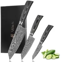 Wakoli Edib Pro Black Set de 3 couteaux damassés I Boîte en bois I Lame 11-17cm I Poignées en bois de Pakka