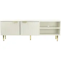 FineBuy Meuble TV bas 150 cm blanc avec portes et compartiments ouverts Meuble TV avec passage de câbles Meuble TV moderne avec pieds métalliques