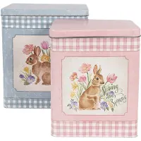 Clayre & Eef Boîte de rangement en métal 21x15x25 / 18x13x22 cm Bleu Rose Métal Lapin