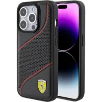 Ferrari Coque iPhone 15 Pro avec logo en métal perforé Waves, noire