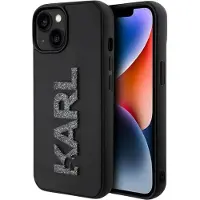 Karl Lagerfeld Coque pour iPhone 15 noire avec logo en caoutchouc pailleté 3D