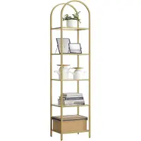 Songmics Bibliothèque 5 niveaux étagères en verre trempé étagère de rangement structure métallique arquée pour salon chambre bureau salle de bain or métallisé transparent LGT501A01