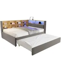 MODFU Lit Gigogne Capitonné 90/180x190 avec Rangement Intégré et Prises USB, Lit 2-en-1 Multifonction pour Petit Espace, Cadre Métal - Gris - Sans Matelas