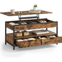 Relaxdays Table basse , à abattant, 2 tiroirs, 4 compartiments, L x H x P : 48–63 x 100 x 50 cm, table basse de style industriel, marron/noir