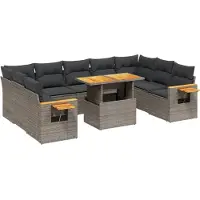 vidaXL Ensemble de salon de jardin 10 pièces avec coussins Gris Poly rotin Acacia