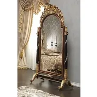 Casa Padrino Miroir baroque de luxe sur pied avec roulettes Marron / Noir / Or / Argent 106 x 56 x H. 218 cm - Somptueux mobilier baroque sculpté à la main - Qualité de luxe - Italy