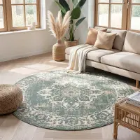 FRAAI Tapis rond vintage | Spring Medallion Vert/Crème | Ø 200cm | Vert | Rond | Tapis