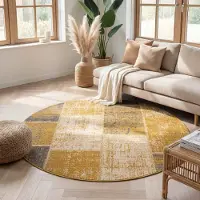 FRAAI Tapis patchwork rond | Spring Jaune Ocre/Taupe | Ø 280cm | Jaune | Rond | Tapis